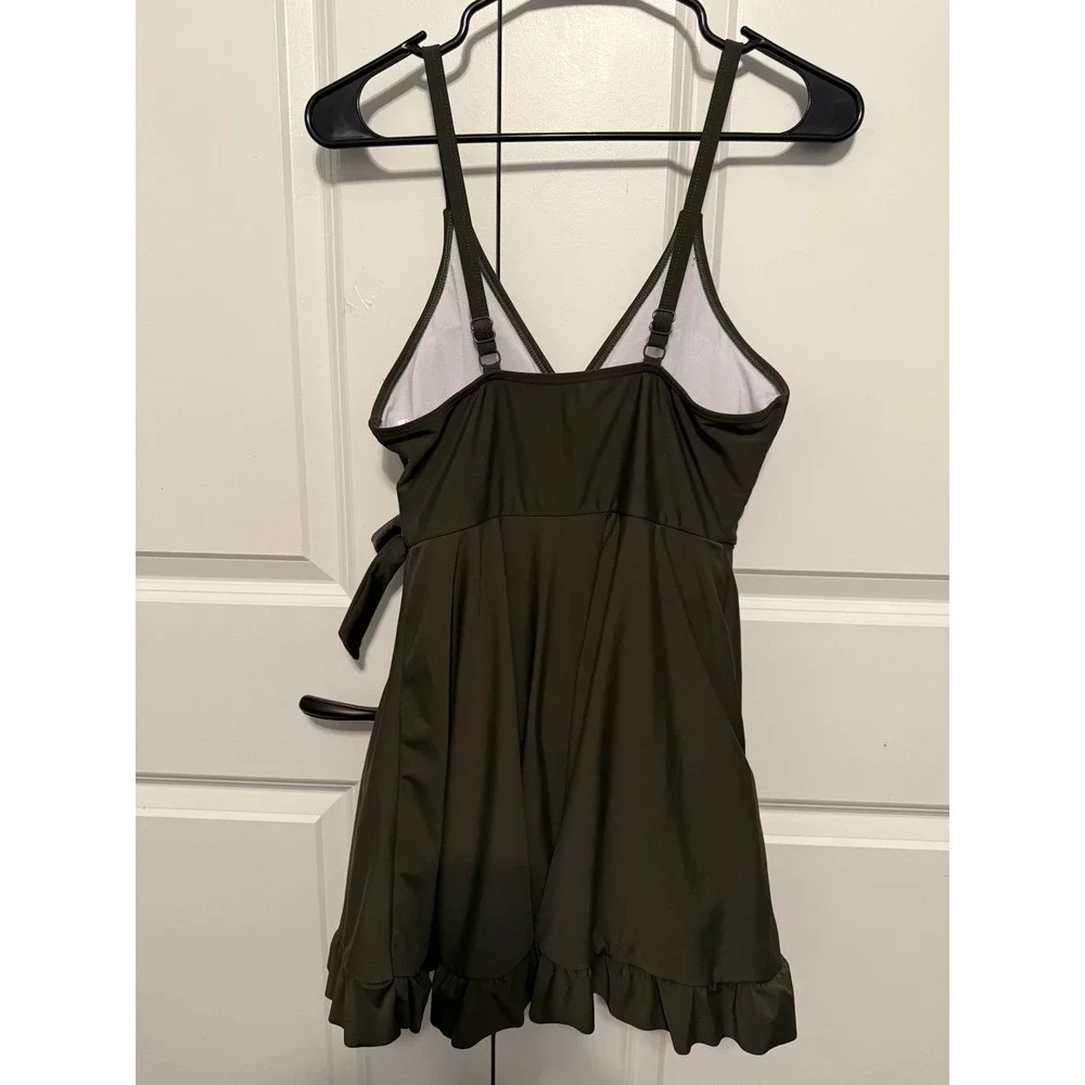 SHEKINI Women Olive Green Wrap Ruffle Swim Dress Tunic M - Picture 6 of 12